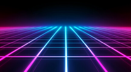 Colorful neon grid landscape with symmetrical lines in a futuristic style over a dark background