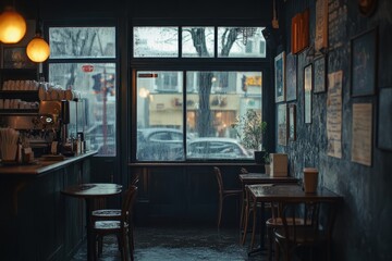 Cozy coffee shop interior with wooden tables, potted plants, and a rainy cityscape visible through large windows, creating a warm and moody atmosphere
