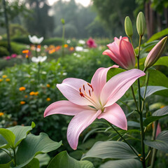 Obraz premium beautiful pink lily in garden