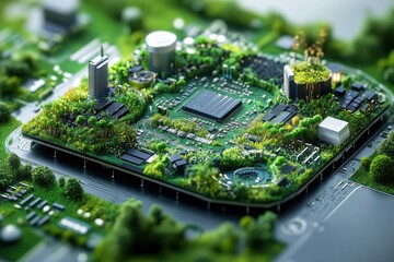 Obraz premium Innovative microchip design integrated with a miniature ecosystem featuring greenery, solar panels, and futuristic architecture symbolizing sustainability and technology