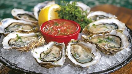 Fresh oysters on the half shell, served on ice with a spicy tomato salsa.