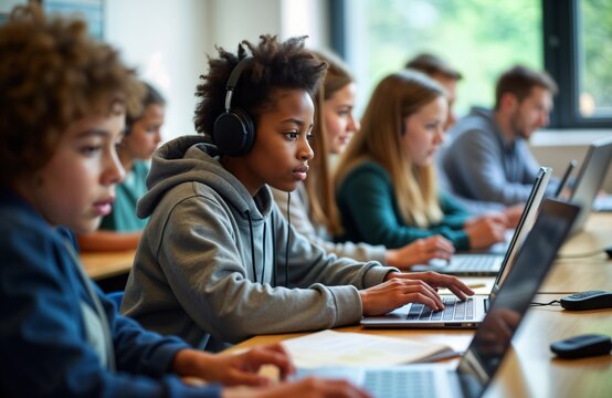 Students focus on laptops in classroom. Many young people wearing headphones use laptops for learning. Modern tech, education in school setting. Diverse students participate in interactive lesson.