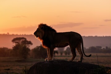 Majestic lion standing on rock at sunrise in african savanna