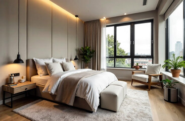 Interior of a modern bedroom with white walls, carpet and big windows
