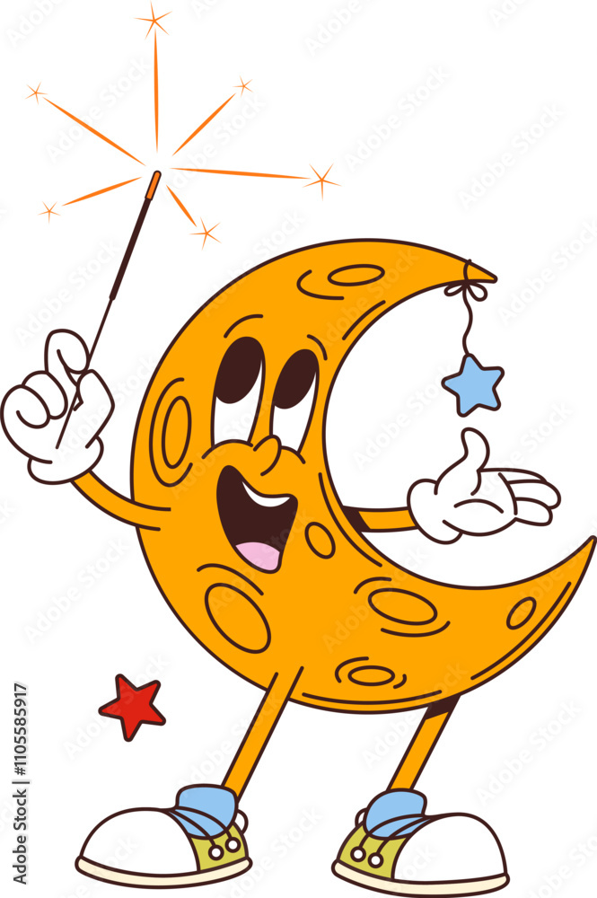 Poster cartoon retro groovy moon character holding sparkler. isolated vector whimsical, celestial crescent 
