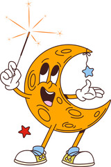 Cartoon retro groovy moon character holding sparkler. Isolated vector whimsical, celestial crescent personage with a cool vibe and twinkle stars around, radiates a cosmic, carefree, funky space charm © Vector Tradition