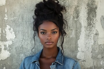 Fashion model posing with messy bun hairstyle and denim jacket