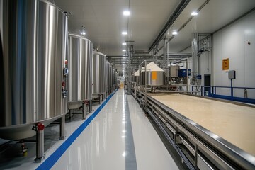 Liquid food flows through modern food processing plant equipment