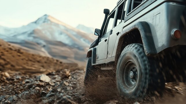 Off-road vehicle driving on rocky terrain with blurred snow-capped mountain in background - Powered by Adobe