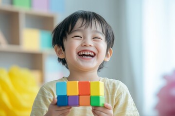 A cheerful child is captured mid-laughter holding a vibrant, multi-colored cube toy indoors, exuding joy and playfulness in a bright, welcoming environment.