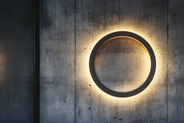 A glowing circular installation adorns a concrete wall, casting a soft, ambient glow around its symmetrical form, creating a harmonious blend of light and shadow.
