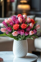 Bouquet of pink tulips and orange roses standing in white vase on marble table