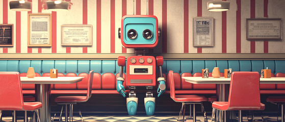 Retro Robot Sitting in a Vintage Diner Booth, 50s Style