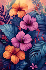 Naklejka premium Vibrant Hibiscus Illustration Tropical Flowers