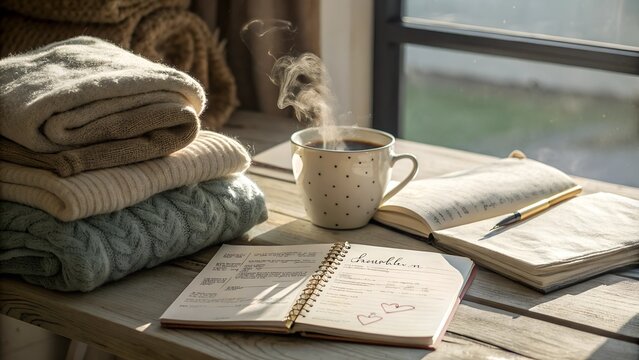 Gratitude Journal with Mug of Tea by Window for Winter Reflection