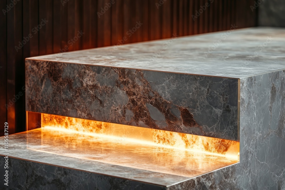 Poster a sophisticated image of a modern marble surface featuring sleek design aesthetics with warm, minima
