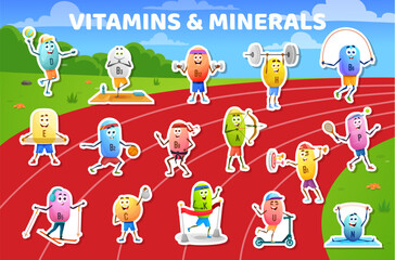 Cartoon vitamin characters sticker pack. Vector cute micronutrients, vitamins and minerals personages doing sport exercises at stadium. Funny pills of multivitamins and essential nutrients stickers