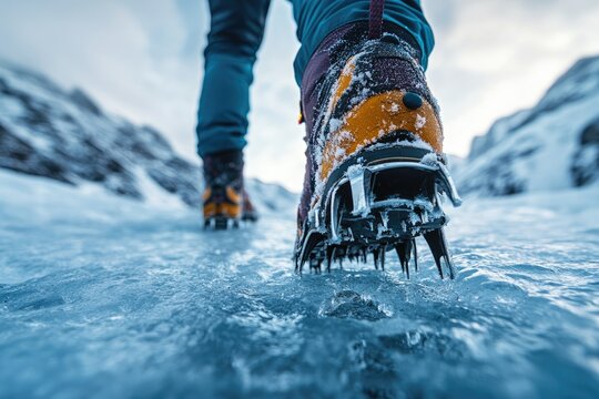 Close-up of ice climbing boots with crampons on a frozen waterfall