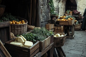 Outdoor market stall offers fresh herbs and a variety of cheeses in a rustic setting, enhancing the traditional market vibe and cultural richness.