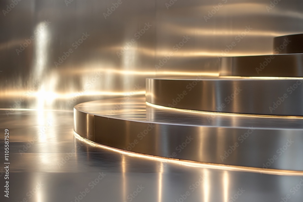 Poster A sleek, elegant staircase with reflective metal surfaces, capturing ambient light and creating a luxurious and modern atmosphere through artistic architectural design.