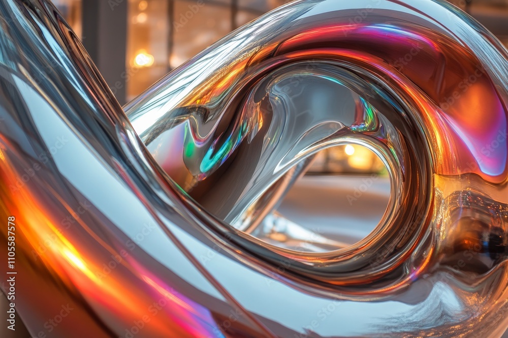 Poster a vibrant, swirling metallic sculpture reflecting vivid colors, capturing an abstract form that inte