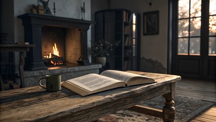 Empty Chair by Fireplace with Open Book and Blanket in Cozy Living Room