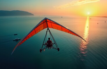 Person enjoys hang gliding over tranquil ocean during sunset. Aerial view shows colorful sky, water reflecting golden light. Peaceful activity, scenic landscape. Travel, adventure concept. Gorgeous