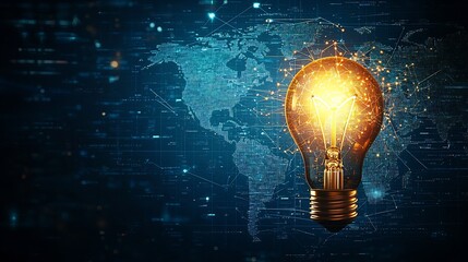 Glowing Light Bulb Hovering Over Digital World Map Symbolizing Global Business Vision and Innovation