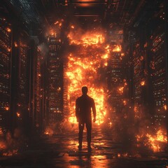 Fototapeta premium Tangled Cables in Server Room, Depicting Tech Chaos and IT Issues