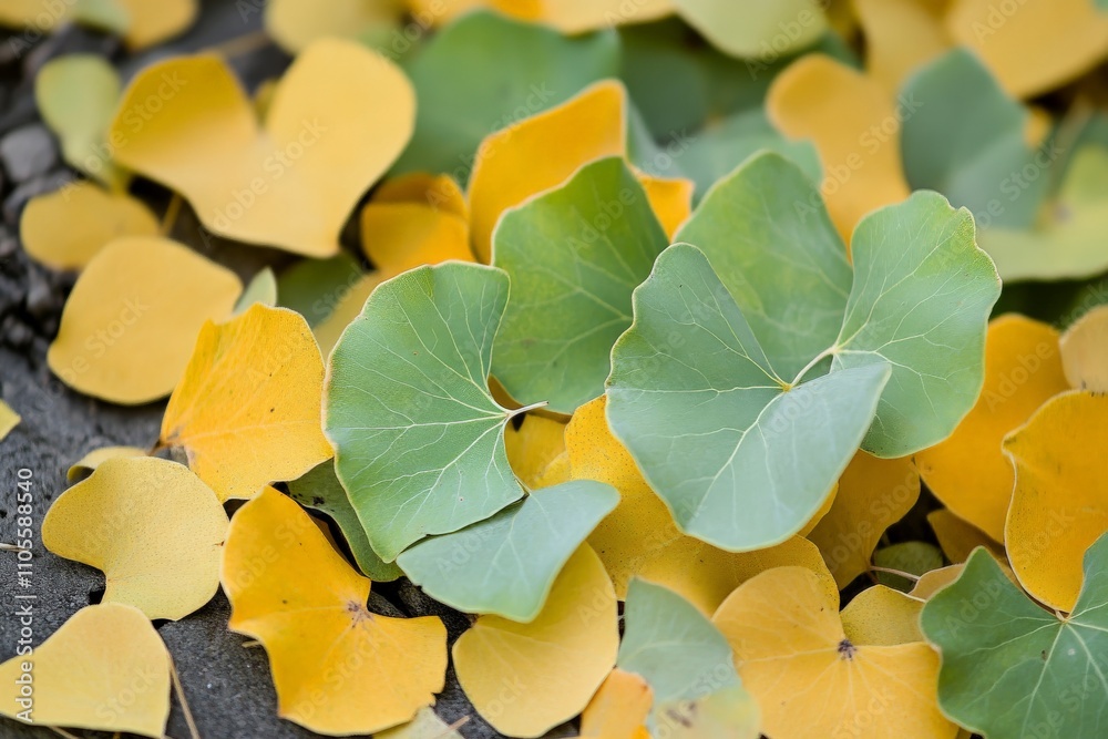 Poster An array of delicate ginkgo leaves scattered across the ground, displaying a beautiful transition from lush green to soft golden colors, representing nature's cycle.