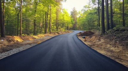 Fototapeta premium A new road is being paved through the forest. Trees stand tall on both sides background wallpaper AI generated image