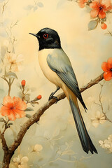 Elegant Bird Illustration on Blossom Branch