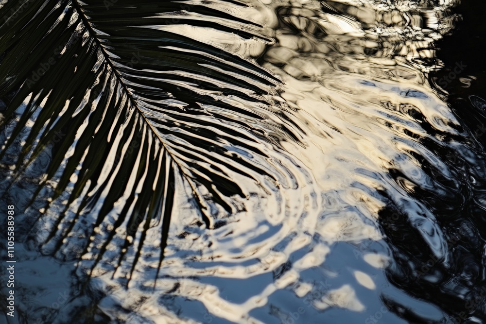 Poster This artistic image features a palm leaf silhouette against rippling water, capturing the interplay of shadow and light in an abstract and serene composition.