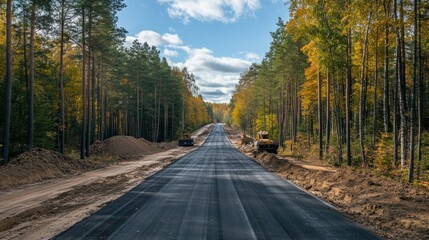 A new road is being paved through the forest. Trees stand tall on both sides background wallpaper AI generated image