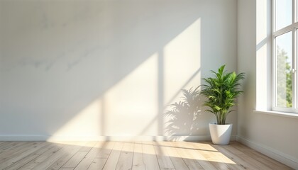 Empty room with bright sunlight streaming through window on right side. Clean white walls, wooden hardwood floor create minimalist aesthetic. Small potted plant sits in corner. Morning sun casts
