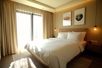 Modern hotel room with sunlight illuminating comfortable bed