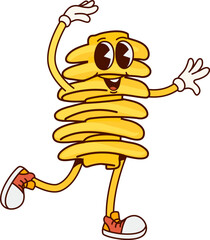 Italian pasta Radiatori groovy cute character. Italy cuisine menu raw pasta groovy character, Italian restaurant tasty noodle dish or Radiatori classic meal comical vintage isolated vector mascot