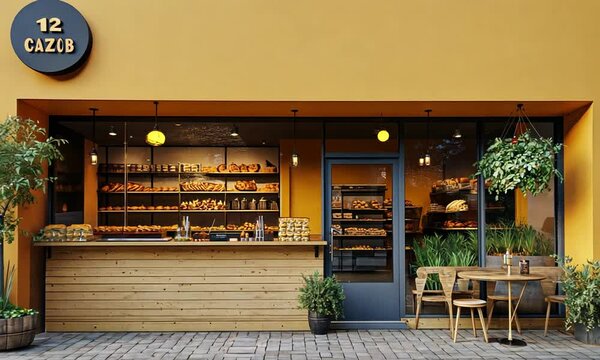 Bakery storefront with warm colors and inviting display.