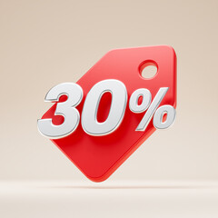 thirty percent or 30 % discount number with red shopping badge isolated on white background. 3d render