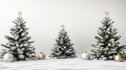Elegant Christmas Tree Scene with Snowy Pines and Golden Ornaments for Holiday Decor