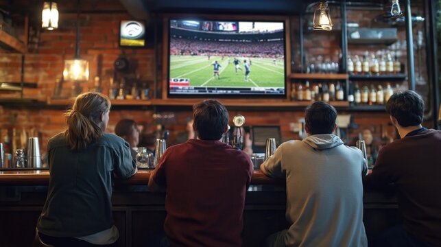 Friends gather at pub bar watching sports game. Enthusiastically watching soccer football match on large screen tv. Relaxed atmosphere with comfortable seating, pub ambiance. Looks like enjoying