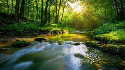 Obraz premium The clear river sparkles through the dense forest, Sunlight reflects off the water as it passes through the trees background wallpaper AI generated image