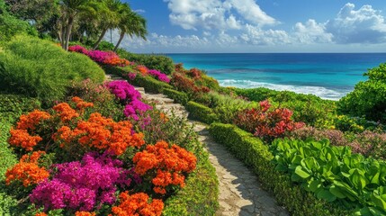 Lovely green garden by the sea with bush flowers and neatly trimmed hedges background wallpaper AI generated image