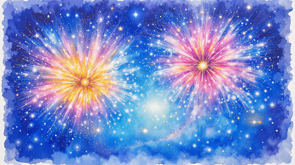 Fototapeta premium Watercolor-style fireworks exploding in a starry night sky