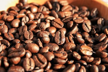 Un tas de grains de café à la lumière du soleil,  avec effet de lumière chaude et ombres marquées	