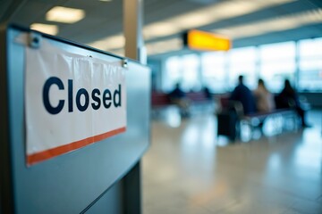 Closed airport counter with empty chairs and a sign indicating no flights available. A symbol of travel disruption and unexpected changes in plans.