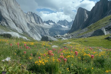 Fototapeta premium Wildflowers blooming in meadow with scenic mountain peaks and glacier