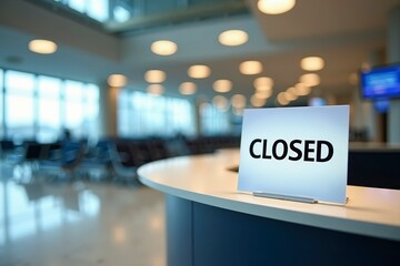 Closed airport counter with empty chairs and a sign indicating no flights available. A symbol of travel disruption and unexpected changes in plans.