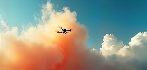 Drone flies through colorful clouds at sunset. Modern tech device in action. Beautiful outdoor tech scene. Aerial view. Bright sunlight. No people. Dynamic imagery for tech company tourism ad. Great