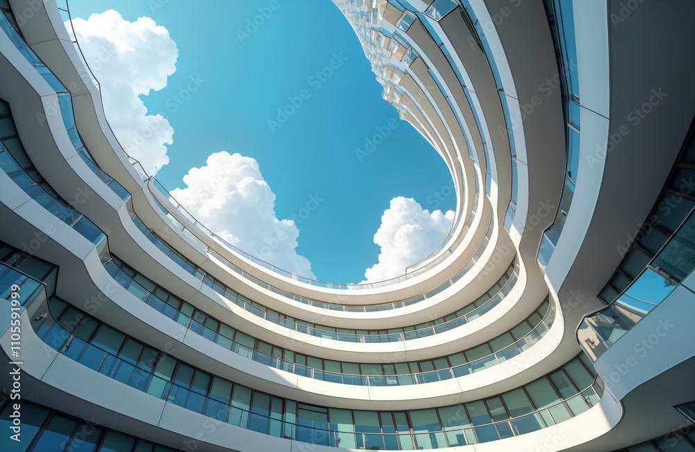 Poster modern curved office building with geometric design. bottom view of courtyard-well, sky. abstract wa